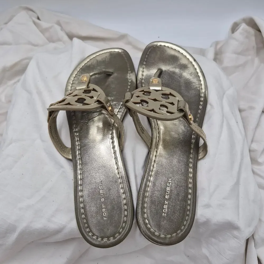 Tory Burch Miller gold Leather flat Sandal slip-on slide thong flip flop sz 10.5